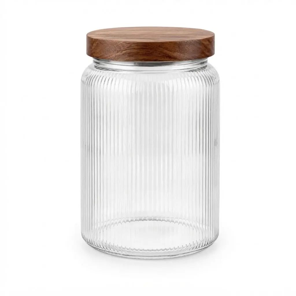 1000ml-Glass-storage-jar_Kitchenware_17576_3.webp 1000ml Ribbed Cylindrical Glass Food Storage Canister with Airtight Walnut Wood Lid - 1966-113 - Image 1