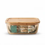 1000ml Rectangular Borosilicate Glass Crisper – Eco-Friendly Food Storage Container with Airtight Silicone Seal Bamboo Lid (BXH003)
