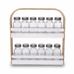 12-Bottle Double Layer Countertop Spice Rack Stand with Square Glass Jars and Bentwood Carrying Handle - SG006-1