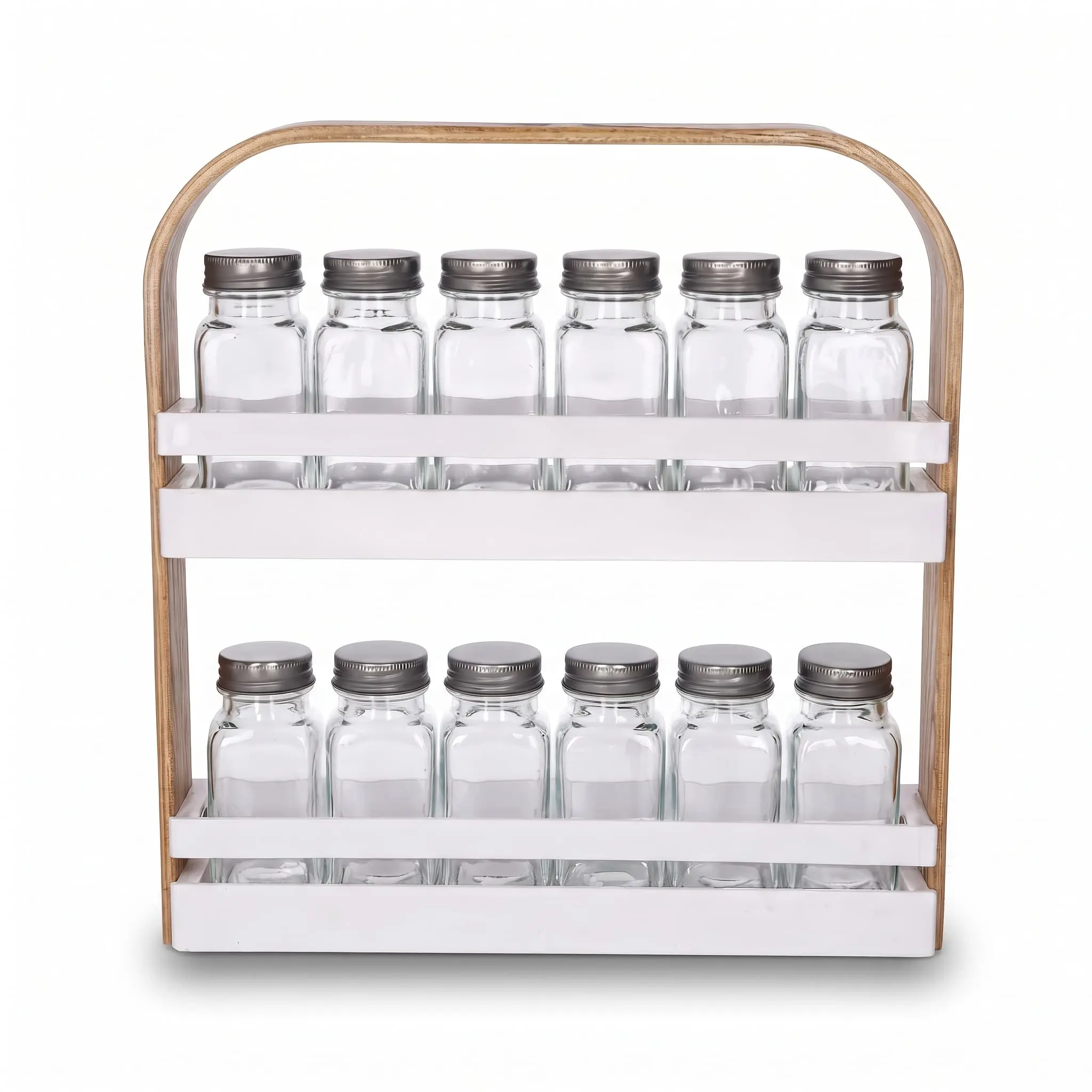 12-Spices-Rack-Holder-28.7529.5cm_Kitchenware_14973_3.webp 12-Bottle Double Layer Countertop Spice Rack Stand with Square Glass Jars and Bentwood Carrying Handle - SG006-1 - Image 1