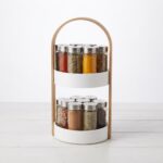 14-Jar Double Layer Rotating Spice Rack Organizer Carousel with Glass Bottles and Bentwood Carrying Handle - SG007-1 - Image 2