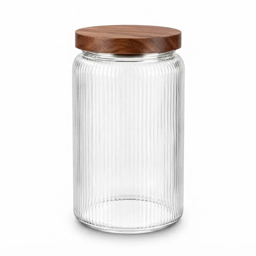 1400ml-Glass-storage-jar_Kitchenware_17577_3.webp 1400ml Ribbed Cylindrical Glass Food Storage Canister with Airtight Walnut Wood Lid - 1966-114 - Image 1