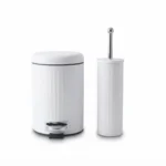 Premium 5L Matte White Iron Foot Pedal Trash Can with Matching Toilet Brush Set – Soft-Close Smudge-Proof Dual Bathroom Sanitation Combo (Model ZYB090)