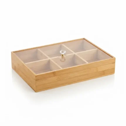 Danny Home 6-Division Rectangular Bamboo Snack Box Platter with Transparent Lid 33.5cm - 2501-11