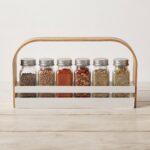 6-Piece Linear Square Glass Spice Jar Set with Shaker Lids and Wooden Carrying Rack Holder - SG005-1 - Image 2