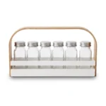 6-Piece Linear Square Glass Spice Jar Set with Shaker Lids and Wooden Carrying Rack Holder - SG005-1