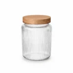 700ml Ribbed Cylindrical Glass Food Storage Canister with Airtight Natural Wooden Lid - 1966-112