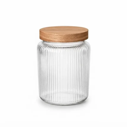 700ml Ribbed Cylindrical Glass Food Storage Canister with Airtight Natural Wooden Lid - 1966-112