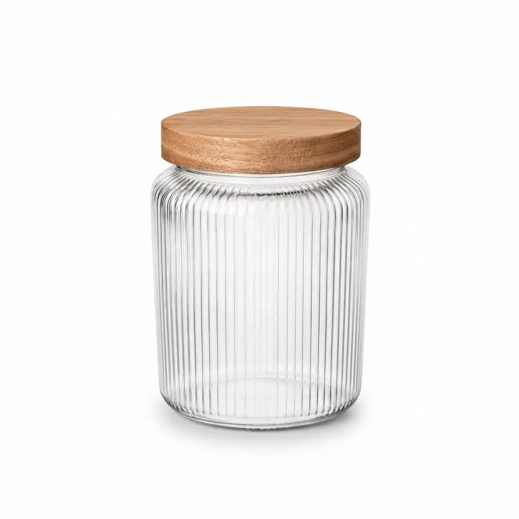 700ml-Glass-storage-jar_Kitchenware_17575_3.webp 700ml Ribbed Cylindrical Glass Food Storage Canister with Airtight Natural Wooden Lid - 1966-112 - Image 1