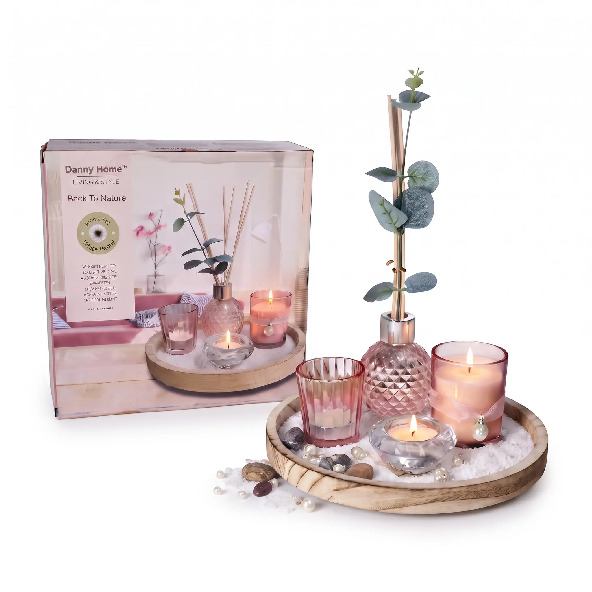 Aromatherapy-Fragrance-Set-15pcs-100ml-White-Peony_Home-Deco_15057_3.webp White Peony Floral Aromatherapy Home Fragrance Gift Set with 100ml Diffuser Candles and Round Wooden Display Plate 15-Piece - AT14-01 - Image 1