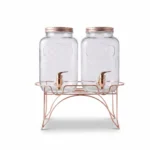 Dual 4L Glass Beverage Drinks Dispenser Set with Leak-Proof Rose Gold Taps, Screw Lids, and Elevated Wire Iron Stand - WTJ12