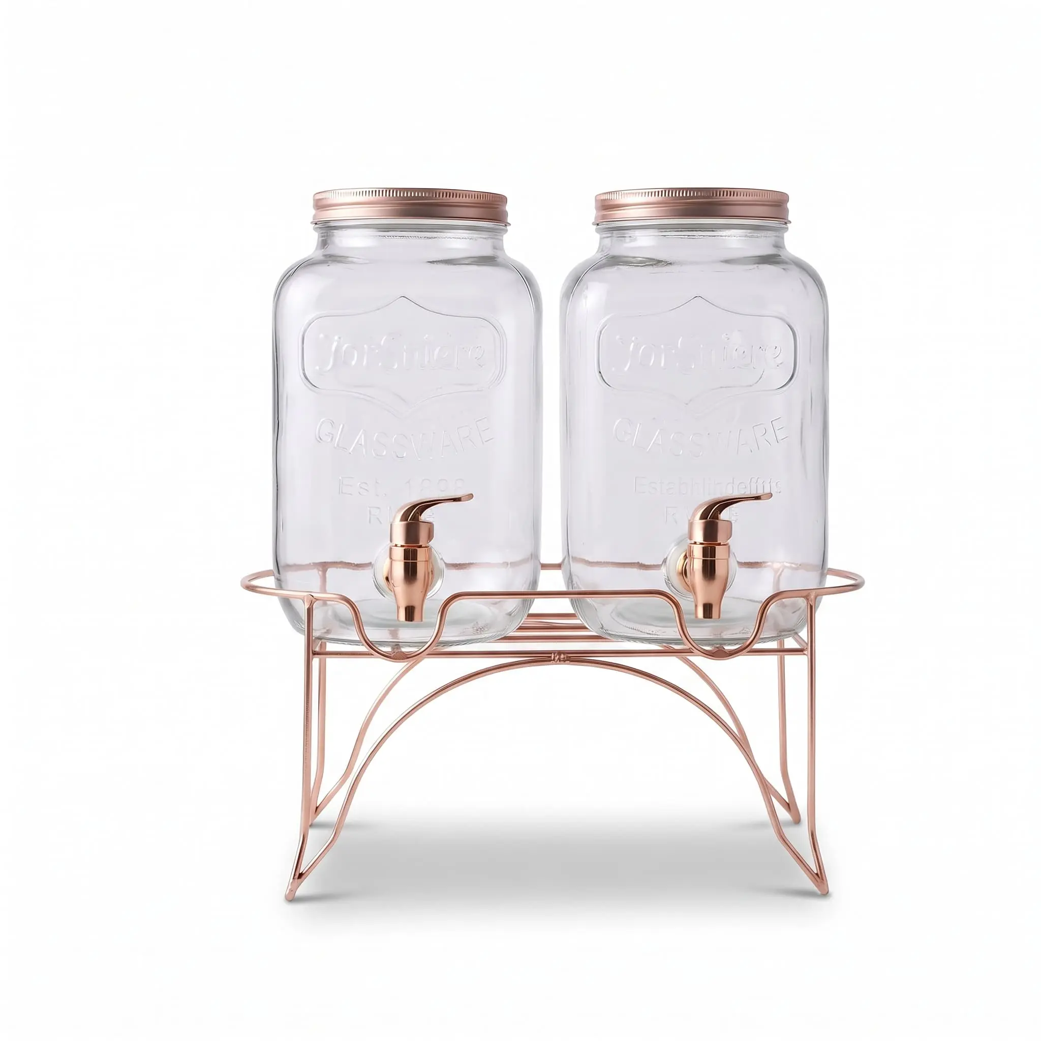 Beverage-Dispenser-with-Stand-2pcs4L-3517.829.7cm_Kitchenware_12079_3.webp Dual 4L Glass Beverage Drinks Dispenser Set with Leak-Proof Rose Gold Taps, Screw Lids, and Elevated Wire Iron Stand - WTJ12 - Image 1