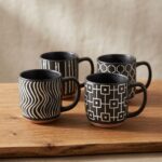 Monochrome Geometric Pattern Ceramic Coffee Mug 4-Piece Coordinated Set with Black Glazed Interior and Exposed Raw Clay Base - SDM064-S41B - Image 2