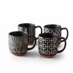Monochrome Geometric Pattern Ceramic Coffee Mug 4-Piece Coordinated Set with Black Glazed Interior and Exposed Raw Clay Base - SDM064-S41B