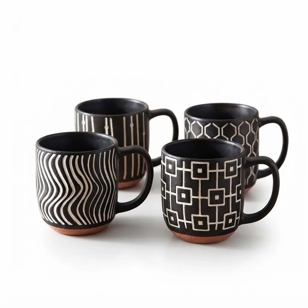 Ceramic-Mug-set-of-4_Kitchenware_14882_3.webp Monochrome Geometric Pattern Ceramic Coffee Mug 4-Piece Coordinated Set with Black Glazed Interior and Exposed Raw Clay Base - SDM064-S41B - Image 1