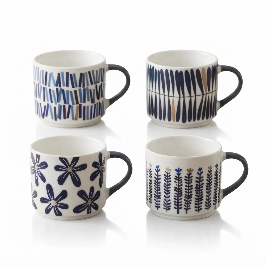 Ceramic-Mug-set-of-4_Kitchenware_14883_3.webp Hand Drawn Indigo Blue and White Abstract Folk Pattern Ceramic Coffee Mug with Stackable Base Rim - SDM067-S13B - Image 1