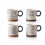 Minimalist Abstract Dash Pattern Ceramic Coffee Mug with Contrasting Black Ring Handle and Exposed Raw Terracotta Base - SDM065-S07