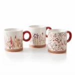 Watercolor Wildflower Meadow Floral Pattern Ceramic Coffee Mug with Red Accent Handle and Raw Exposed Base - SDM065-S35