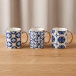 Portuguese Azulejo Tile Blue Geometric Pattern Ceramic Coffee Mug with Metallic Gold Accent Handle - SDM022-3489G - Image 2