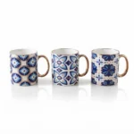 Portuguese Azulejo Tile Blue Geometric Pattern Ceramic Coffee Mug with Metallic Gold Accent Handle - SDM022-3489G