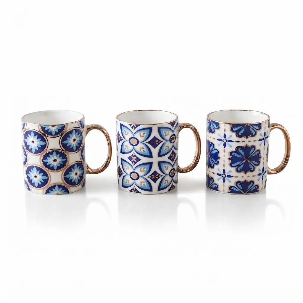 Ceramic-cup_Kitchenware_14880_3.webp Portuguese Azulejo Tile Blue Geometric Pattern Ceramic Coffee Mug with Metallic Gold Accent Handle - SDM022-3489G - Image 1