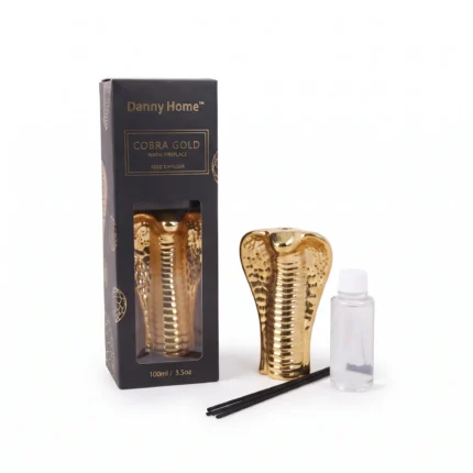 Warm Fireplace Luxury Aromatherapy Reed Diffuser Set with Decorative Cobra Gold Sculptural Case 100ml - AT20-12