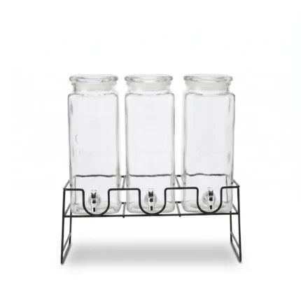 Triple 2300ml Glass Beverage Juice Dispenser Set with Leak-Proof Spigots, Glass Loop Lids, and Elevated Black Iron Stand - SD-034