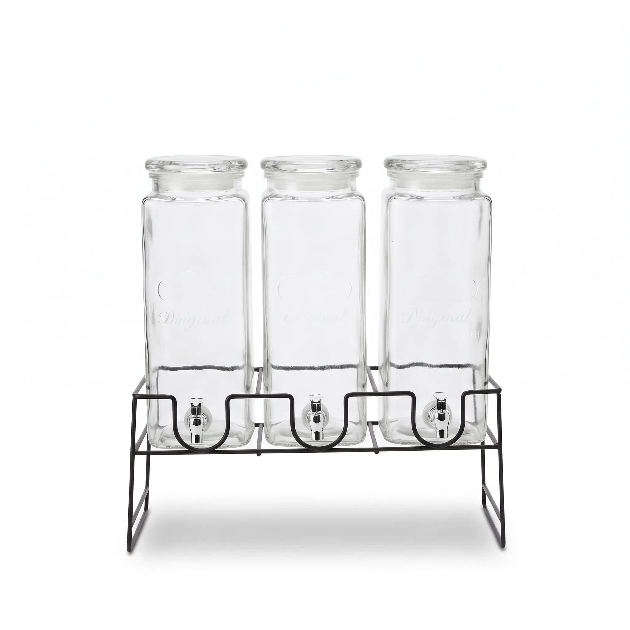 Drinks-Dispenser-4pcs-37.544cm-2300ml_Kitchenware_12076_3.webp Triple 2300ml Glass Beverage Juice Dispenser Set with Leak-Proof Spigots, Glass Loop Lids, and Elevated Black Iron Stand - SD-034 - Image 1