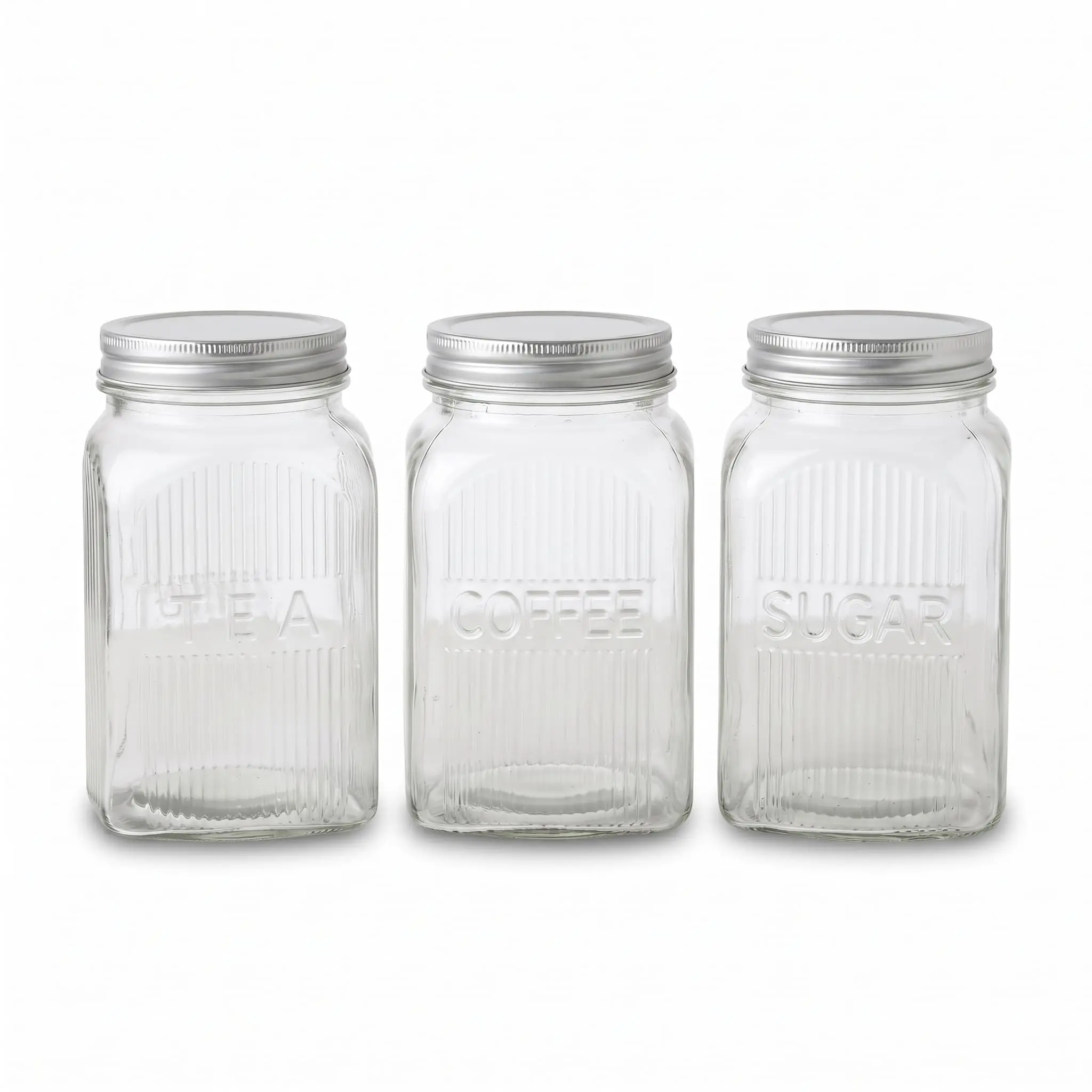 Glass-Jars-With-Metal-Lids-Set-3Pcs1000ml_Kitchenware_15041_3.webp 3-Piece 1L Ribbed Square Glass Food Storage Jar Set with Screw-On Silver Metal Lids - 1988-37 - Image 1