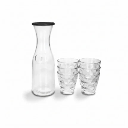 7-Piece 1L Glass Juice Carafe Pitcher and Textured Tumbler Drinking Cup Beverage Serving Set with Airtight Lid - SD-018