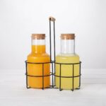 2-Bottle Glass Juice Carafe Pitcher and Condiment Cruet Set with Natural Wood Cork Stoppers and Black Metal Wire Stand Holder - SD-033 - Image 2