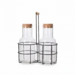 2-Bottle Glass Juice Carafe Pitcher and Condiment Cruet Set with Natural Wood Cork Stoppers and Black Metal Wire Stand Holder - SD-033