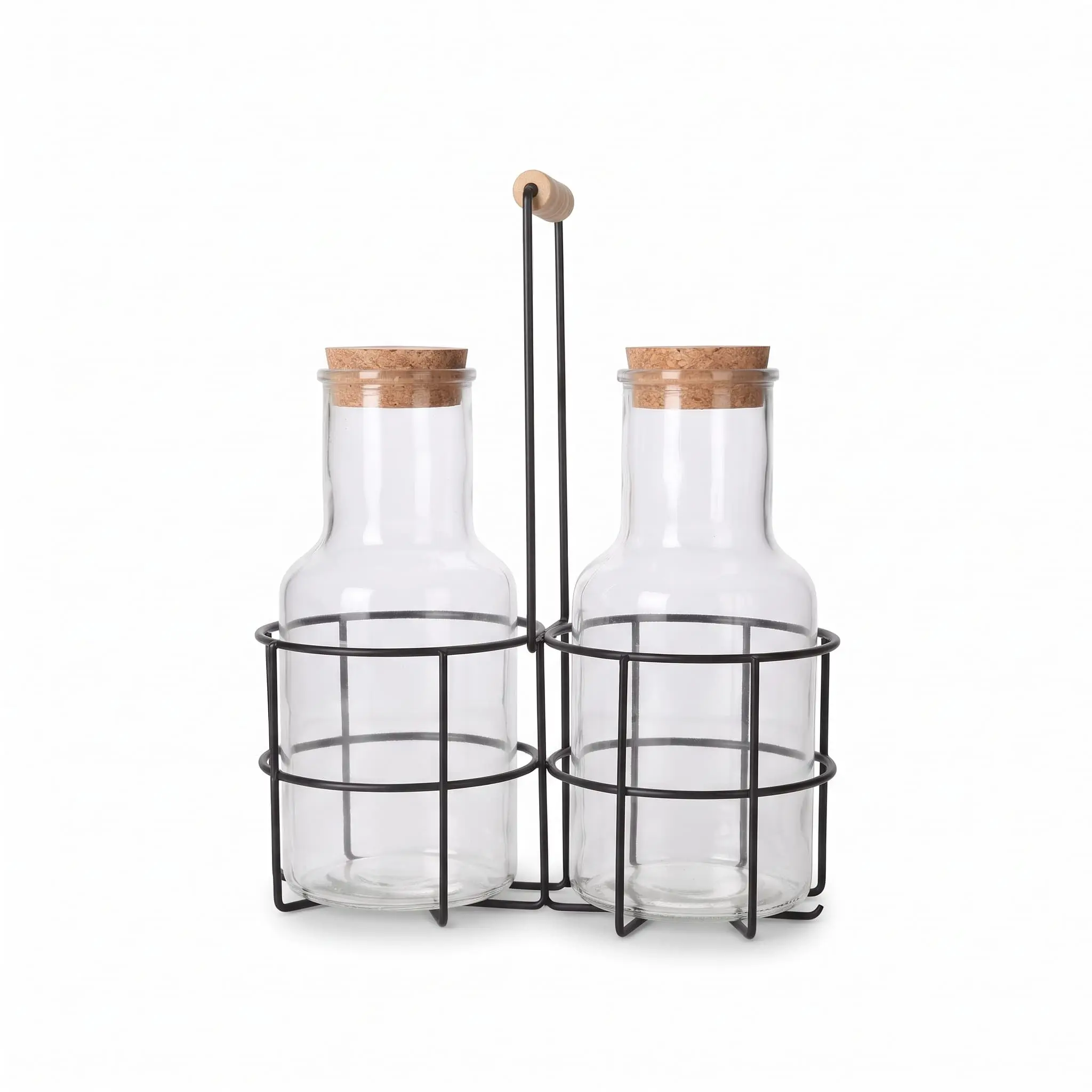 Glass-Juice-Jar-with-Stand-3pcs-900ml_Kitchenware_12075_3.webp 2-Bottle Glass Juice Carafe Pitcher and Condiment Cruet Set with Natural Wood Cork Stoppers and Black Metal Wire Stand Holder - SD-033 - Image 1
