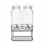 Dual 2300ml Glass Beverage Juice Dispenser Set with Leak-Proof Spigots, Glass Loop Lids, and Elevated Black Iron Stand - SD-031