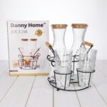 7-Piece Glass Juice Carafe Pitcher and Tumbler Cup Beverage Serving Set with Wooden Lids and Black Metal Wire Stand Holder - SD-030 - Image 2