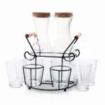 7-Piece Glass Juice Carafe Pitcher and Tumbler Cup Beverage Serving Set with Wooden Lids and Black Metal Wire Stand Holder - SD-030