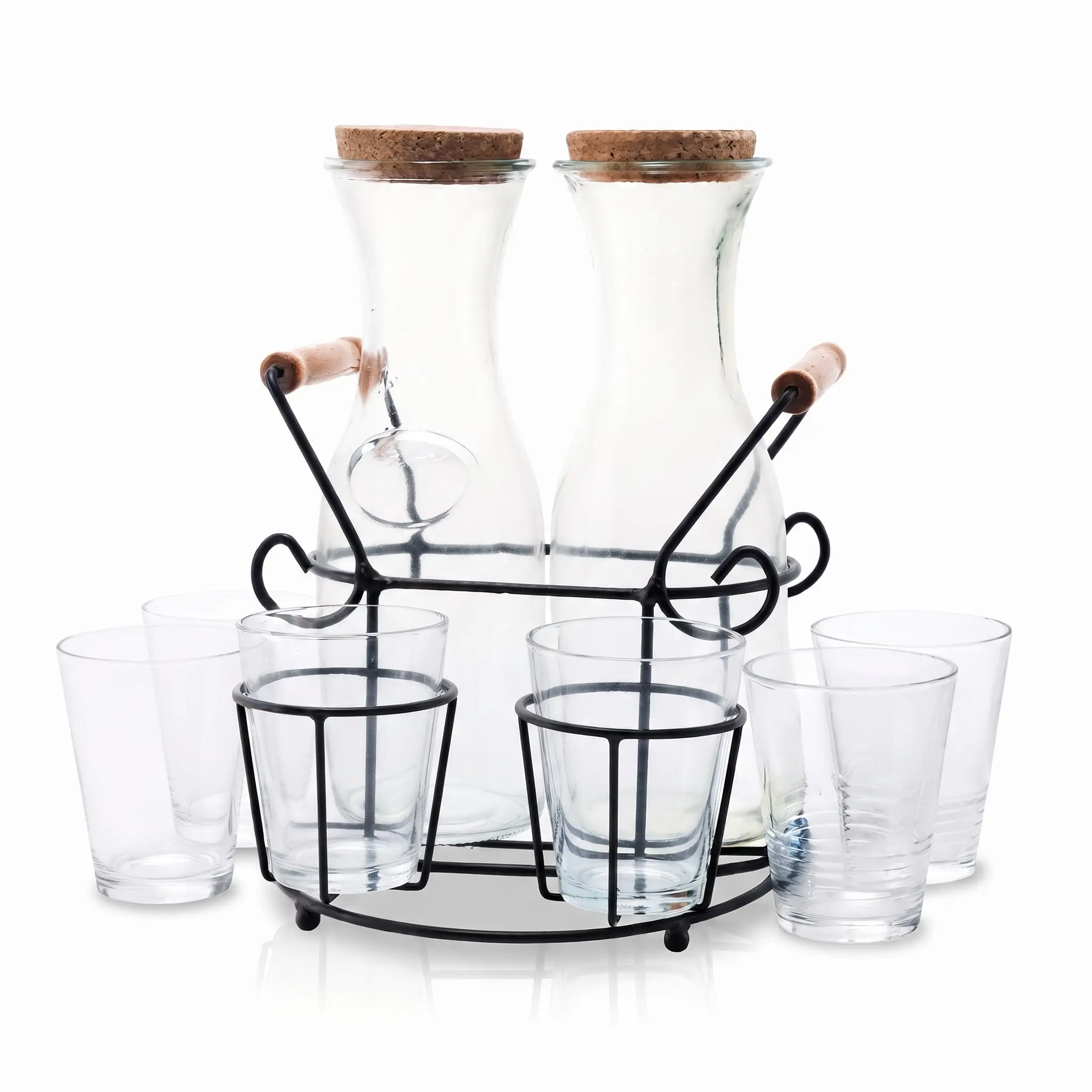 Glass-Juice-Jugs-with-Cups-Lids-Stand-Jug1080ml2pcs-Cup220ml6pcs_Kitchenware_12080_3.webp 7-Piece Glass Juice Carafe Pitcher and Tumbler Cup Beverage Serving Set with Wooden Lids and Black Metal Wire Stand Holder - SD-030 - Image 1