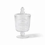 Danny Home Clear Glass Pedestal Sweets Jar with Lid – Premium 21cm Scripted Apothecary Canister, Vintage Accent Candy Urn (CB-62)