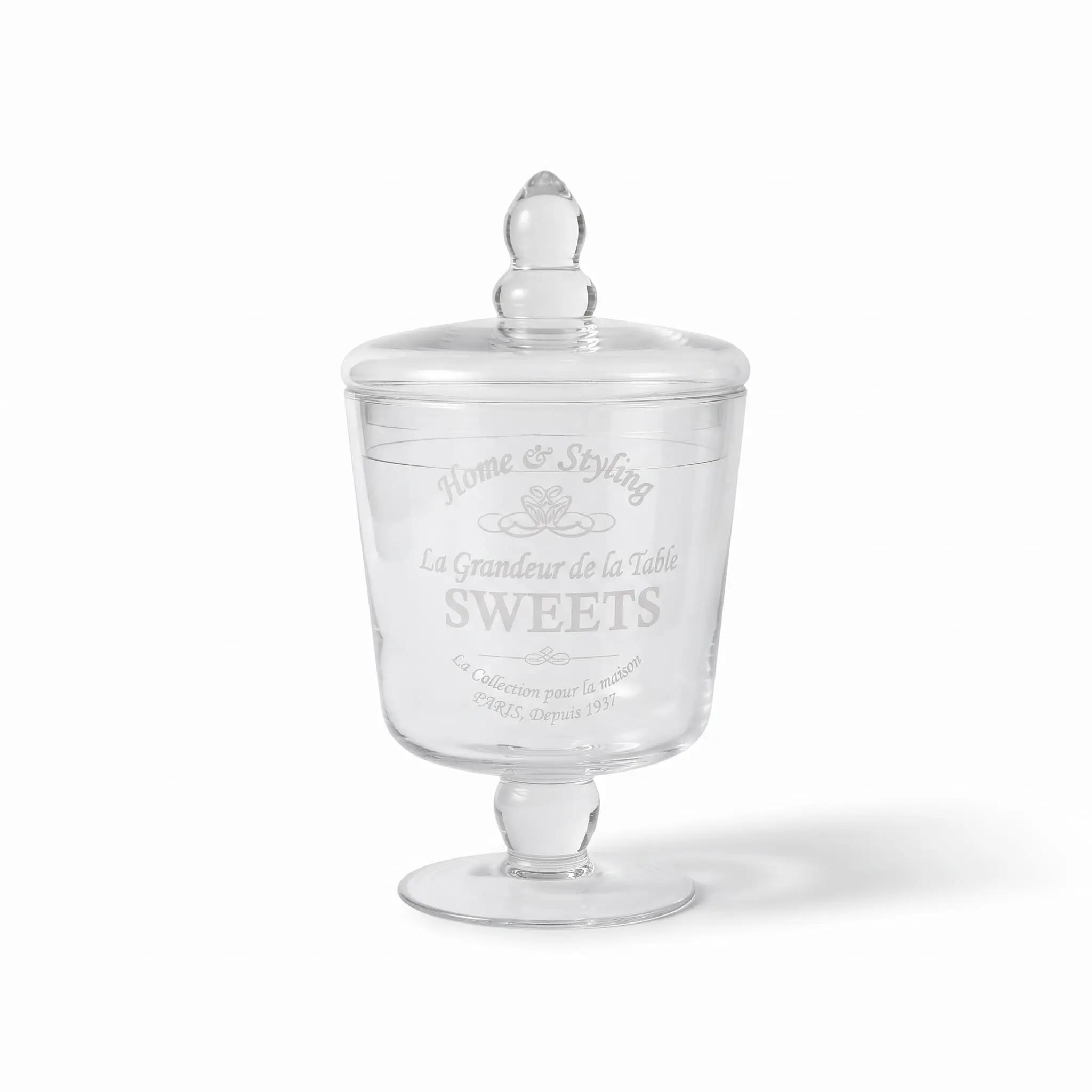 Glass-storage-jar-12.521.113cm_Kitchenware_12071_3.webp Danny Home Clear Glass Pedestal Sweets Jar with Lid – Premium 21cm Scripted Apothecary Canister, Vintage Accent Candy Urn (CB-62) - Image 1
