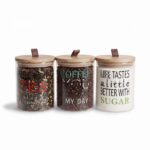 3-Piece Decorative Coffee Tea Sugar Glass Canister Set – 750ml Printed Kitchen Storage Jars with Bamboo Suction Lids (1988-74) - Image 2
