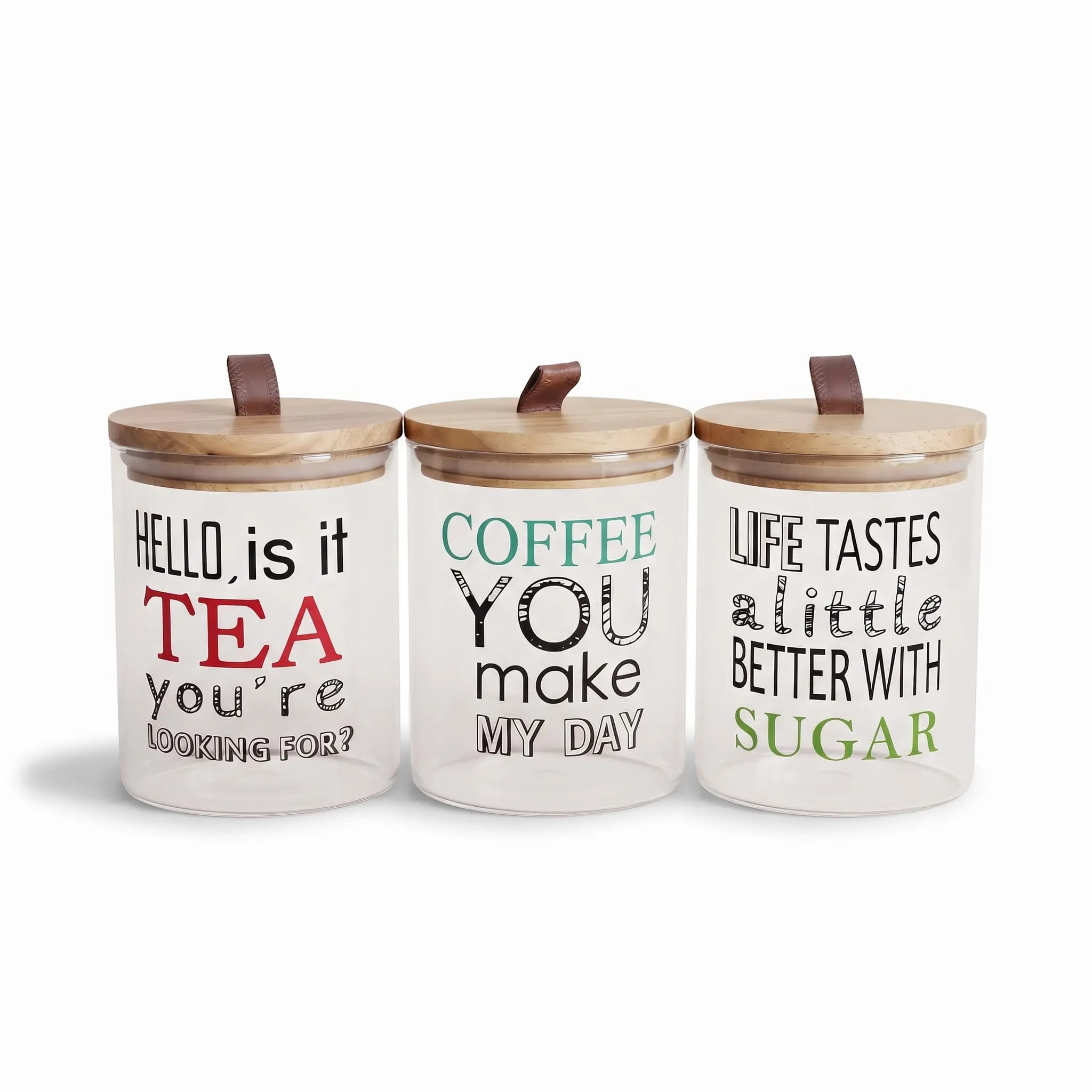 Glass-storage-jar-set-3pcs-750ml-_Kitchenware_12051_3.webp 3-Piece Decorative Coffee Tea Sugar Glass Canister Set – 750ml Printed Kitchen Storage Jars with Bamboo Suction Lids (1988-74) - Image 1