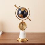 37.5 x 20CM Vintage Industrial Metallic Gold Globe Desk Clock with Skeleton Arrow Accent and White Marble Base - BY-14A/B - Image 3