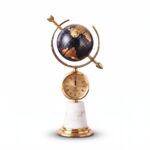 37.5 x 20CM Vintage Industrial Metallic Gold Globe Desk Clock with Skeleton Arrow Accent and White Marble Base - BY-14A/B - Image 2