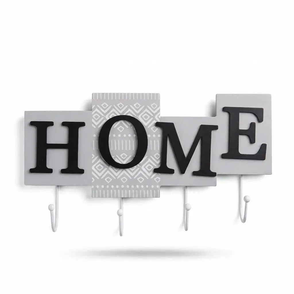 Hanging-Hooks_Houseware_14868_3.webp Rustic HOME Block Letter Wooden Key Rack – Lace Pattern Entryway Wall Organizer with 4 Metal Hooks (Model JN5) - Image 1