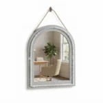 Chic White Arched Wall Mirror – Cathedral Window Frame Hanging Mirror with Beaded Wood Trim (Model JN1)