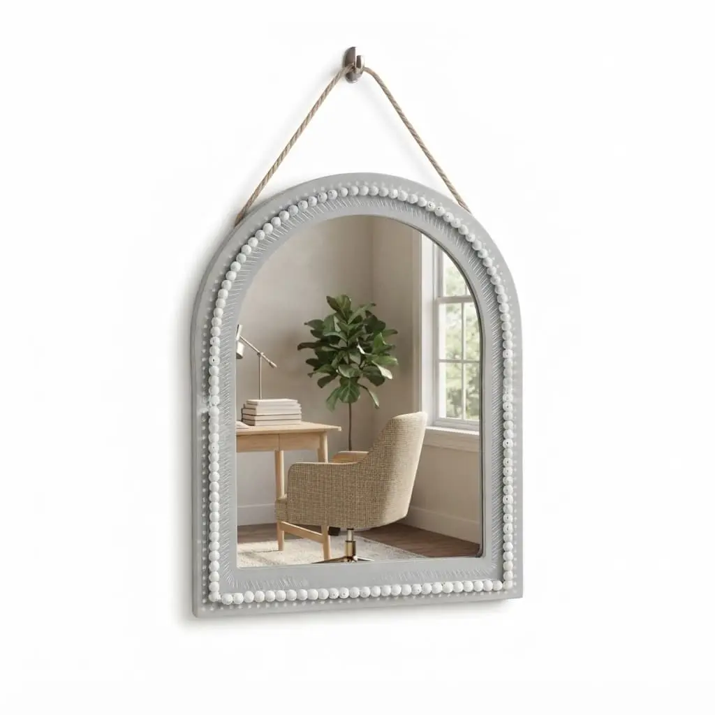 Hanging-Small-Mirror_Home-Deco_14865_3.webp Chic White Arched Wall Mirror – Cathedral Window Frame Hanging Mirror with Beaded Wood Trim (Model JN1) - Image 1