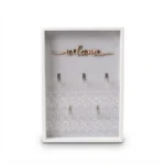 Chic White Wooden Key Hook Shadowbox – Open Entryway Hanging Rack with Welcome Script & Lace Overlay (Model JN7)
