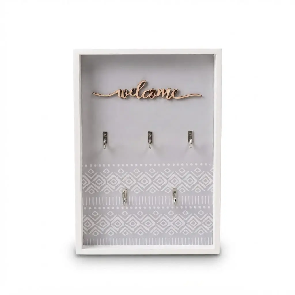 Key-Hook-Stand_Houseware_14870_3.webp Chic White Wooden Key Hook Shadowbox – Open Entryway Hanging Rack with Welcome Script & Lace Overlay (Model JN7) - Image 1