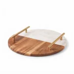 Danny Home Round Marble & Wood Tray with Gold Handles (25x25cm) | SKU: CZT44-37