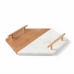 Danny Home Hexagonal Marble & Wood Tray with Gold Handles (25x25cm) | SKU: CZT44-36